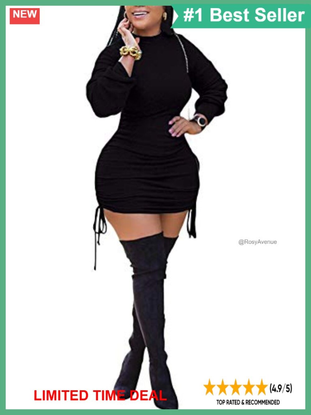 Knit Ruched Long Sleeve Bodycon Mini Dress Drawstring Club Night Out